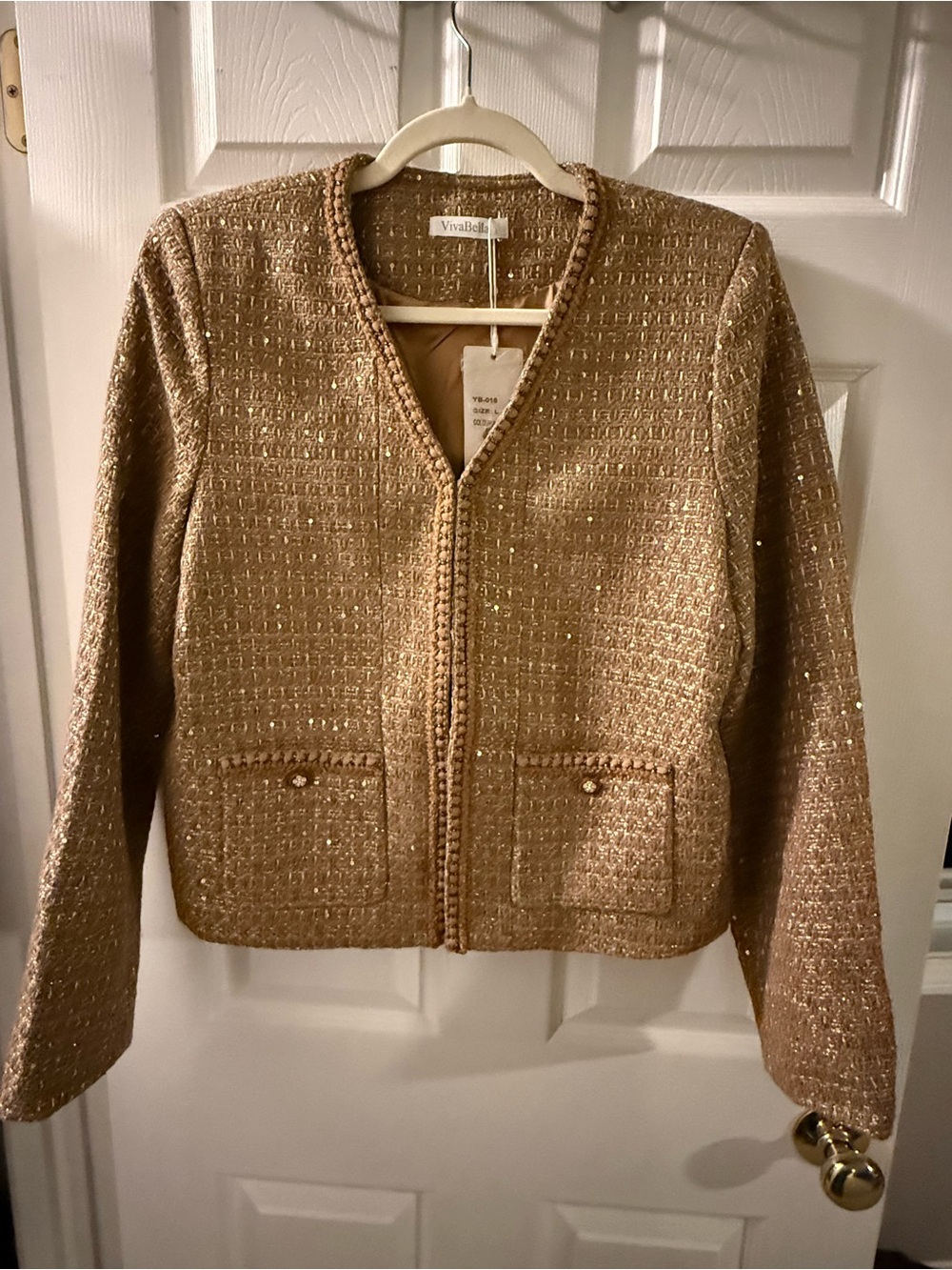 Metallic Tan Tweed Blazer With Pocket Studs